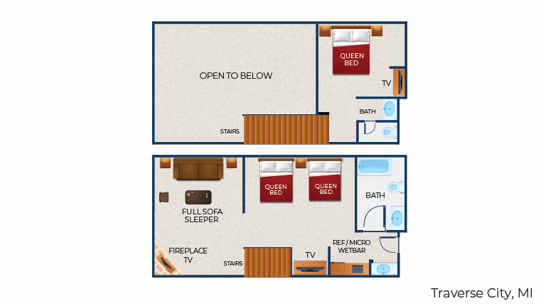 The floor plan for the Loft Fireplace Suite (Balcony/Patio)